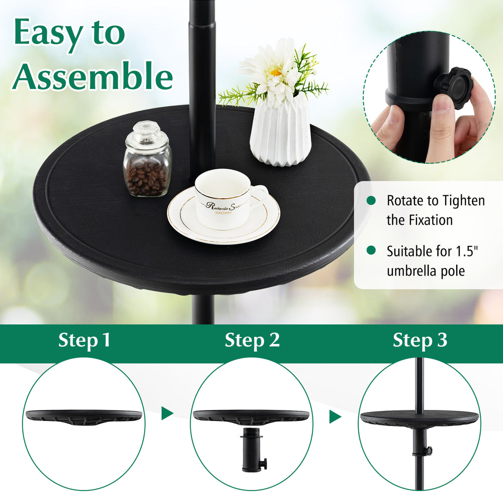 Adjustable 20-inch outdoor umbrella table with 1.5-inch hole, featuring a textured wood-like design for patio use.