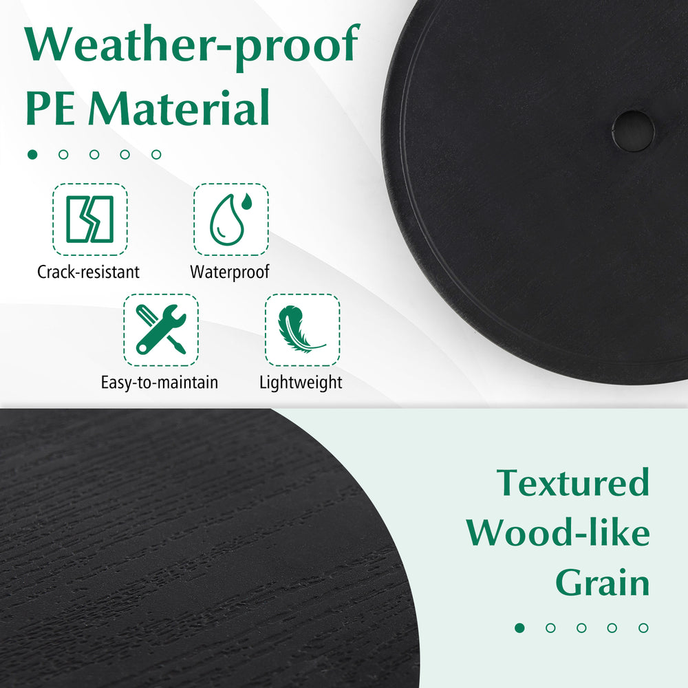 20-inch outdoor umbrella table with textured wood-like grain, made of waterproof PE material for patio use.
