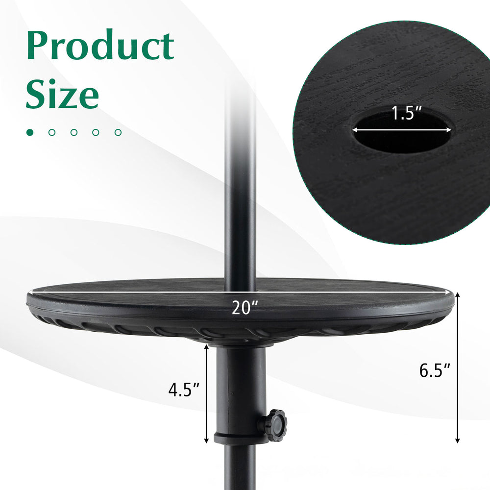 Adjustable 20-inch outdoor umbrella table with 1.5-inch umbrella hole, featuring a textured wood-like design for patios.