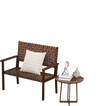 Outdoor all-weather bench with hand-woven PU leather in brown, featuring a solid rubber wood frame, perfect for patio.