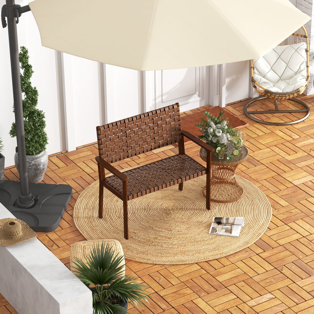 Outdoor all-weather bench with hand-woven PU leather and solid rubber wood frame, perfect for patio relaxation.