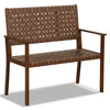 Hand-woven PU leather outdoor bench with solid rubber wood frame, ideal for patio or poolside seating for two.
