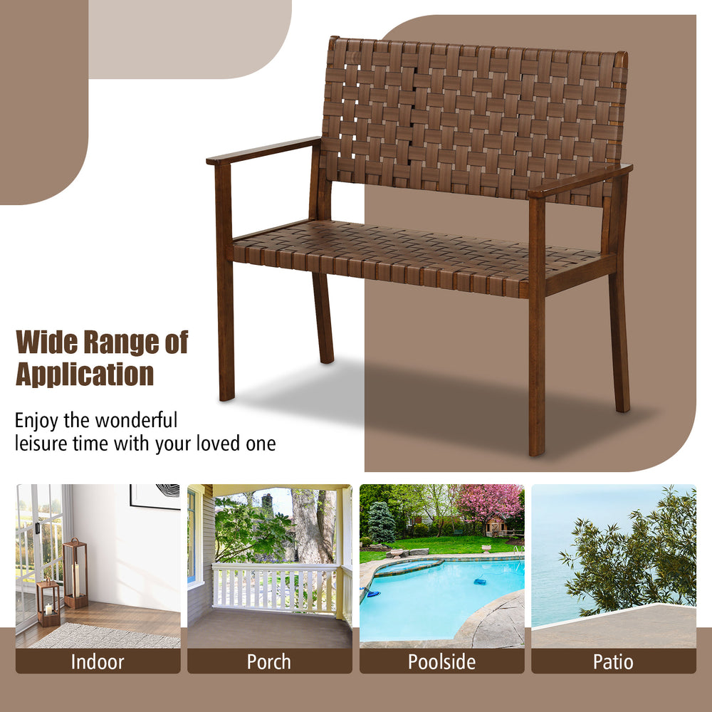 Hand-woven PU leather outdoor bench with solid rubber wood frame, ideal for patio and poolside relaxation.