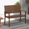 Ergonomic outdoor bench featuring hand-woven PU leather and a sturdy rubber wood frame, ideal for cozy porch seating.
