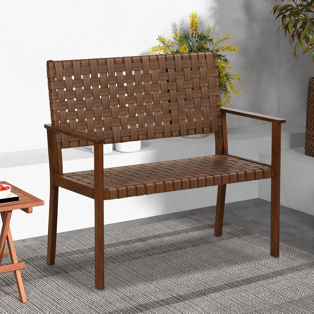 Ergonomic outdoor bench featuring hand-woven PU leather and a sturdy rubber wood frame, ideal for cozy porch seating.