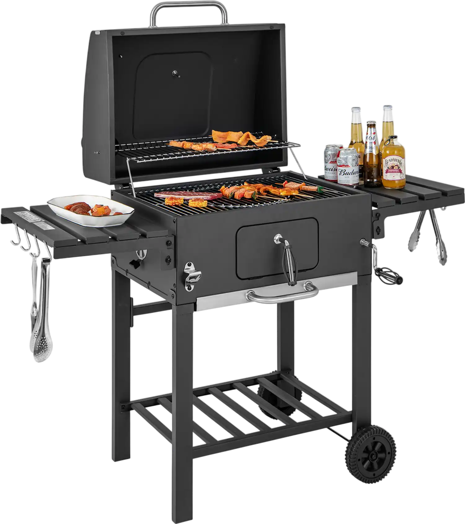 Costway Outdoor BBQ Charcoal Grill w/ 2 Foldable Side Tables & Wheels 56721984 New