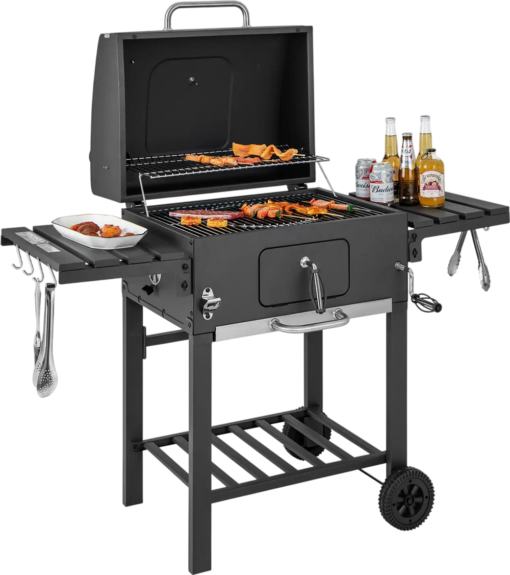 Outdoor BBQ Charcoal Grill with 2 Foldable Side Table and Wheels