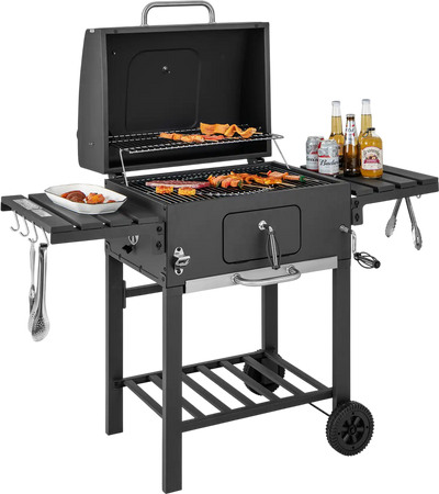 Costway Outdoor BBQ Charcoal Grill w/ 2 Foldable Side Tables & Wheels 56721984 New