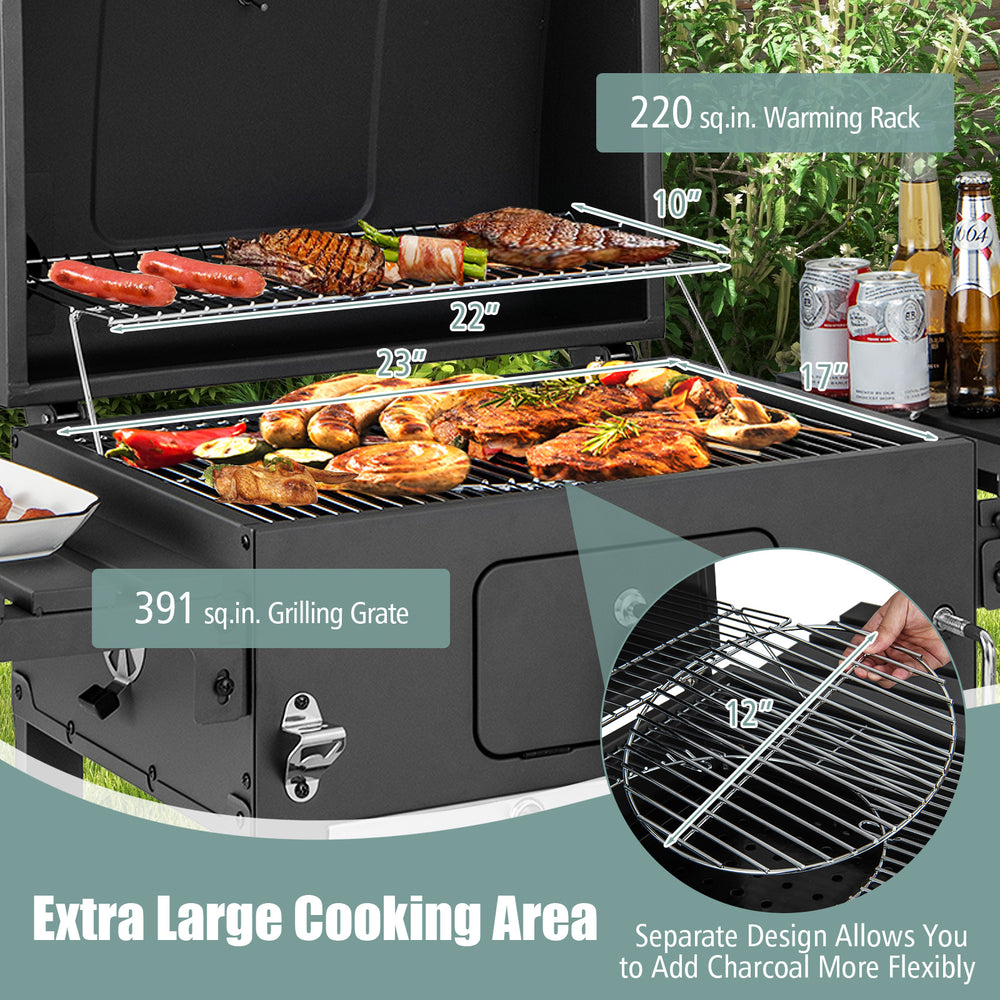 Extra large cooking area of the outdoor BBQ charcoal grill with warming rack, featuring foldable side tables and wheels.