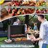Outdoor BBQ charcoal grill with foldable side tables, large cooking area, and wheels for easy transport at a BBQ party.