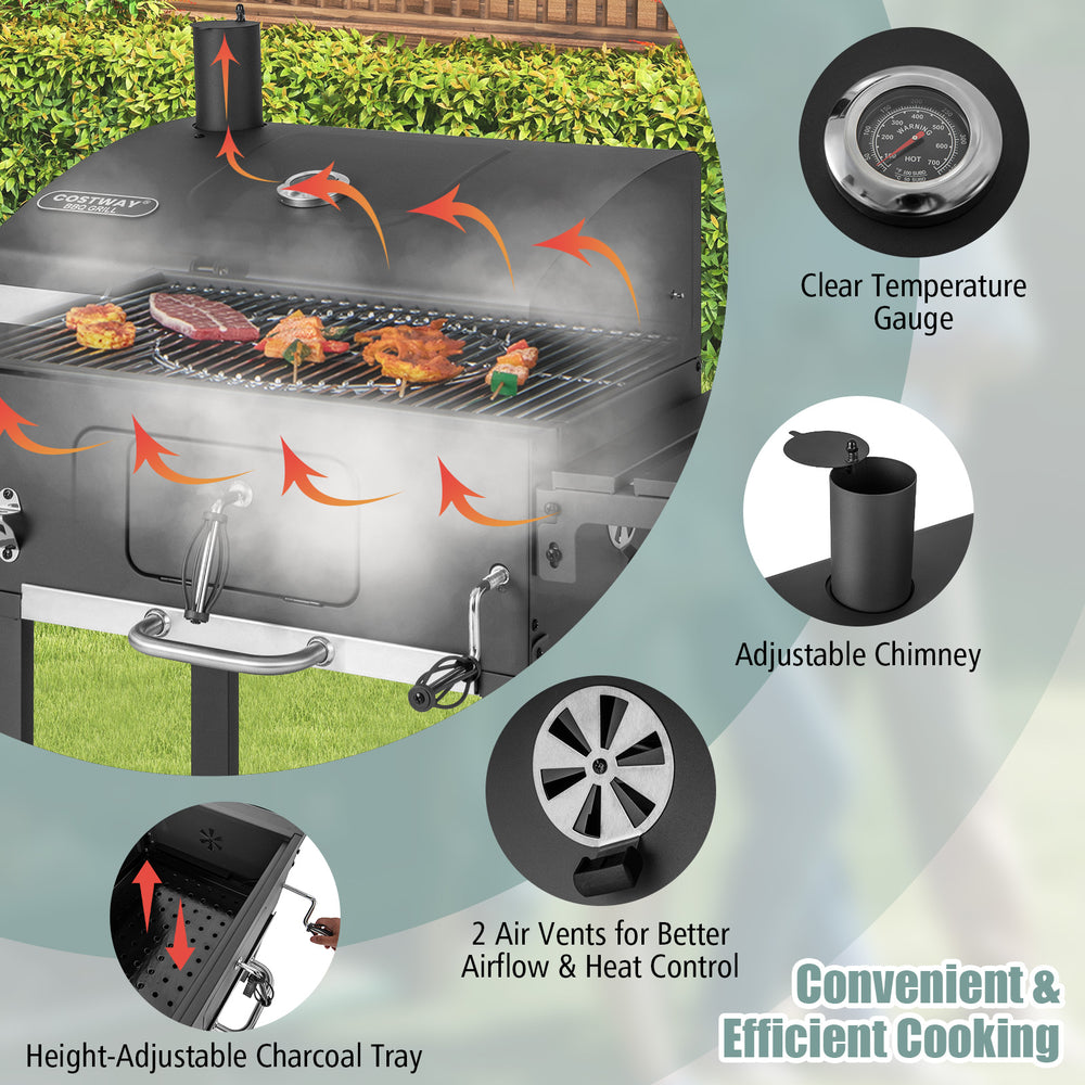Outdoor BBQ charcoal grill featuring adjustable chimney, clear temperature gauge, and foldable side tables for.