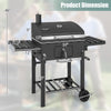 Dimensions of the Outdoor BBQ Charcoal Grill with foldable side tables and wheels for easy transport and grilling.