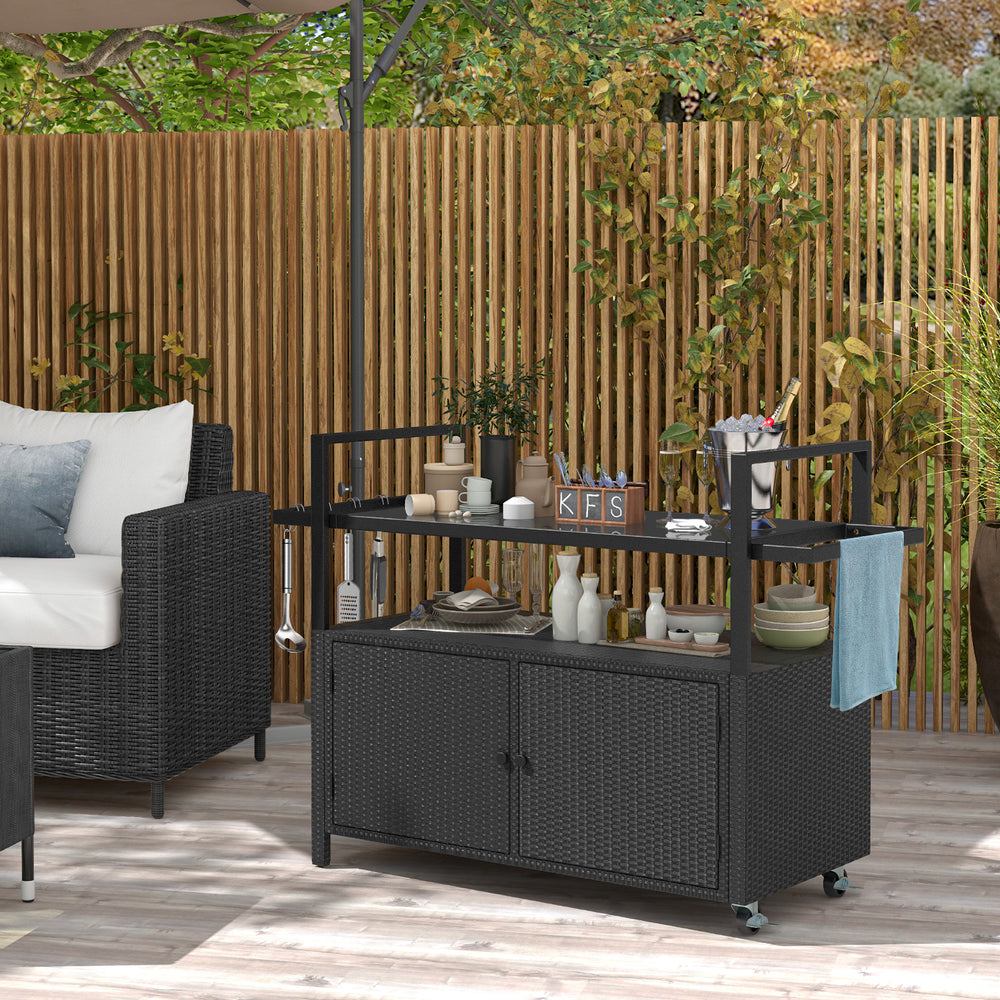 Outdoor Bar Cart Wicker Buffet Serving Cart with Cabinet and 8 Hooks-Black - Gallery View 1 of 10