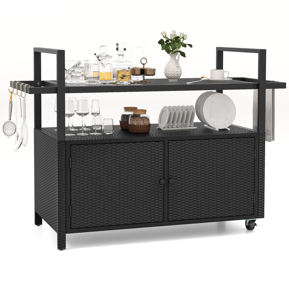 Outdoor bar cart in black with wicker design, tempered glass top, storage cabinet, and 8 hooks for versatile serving.