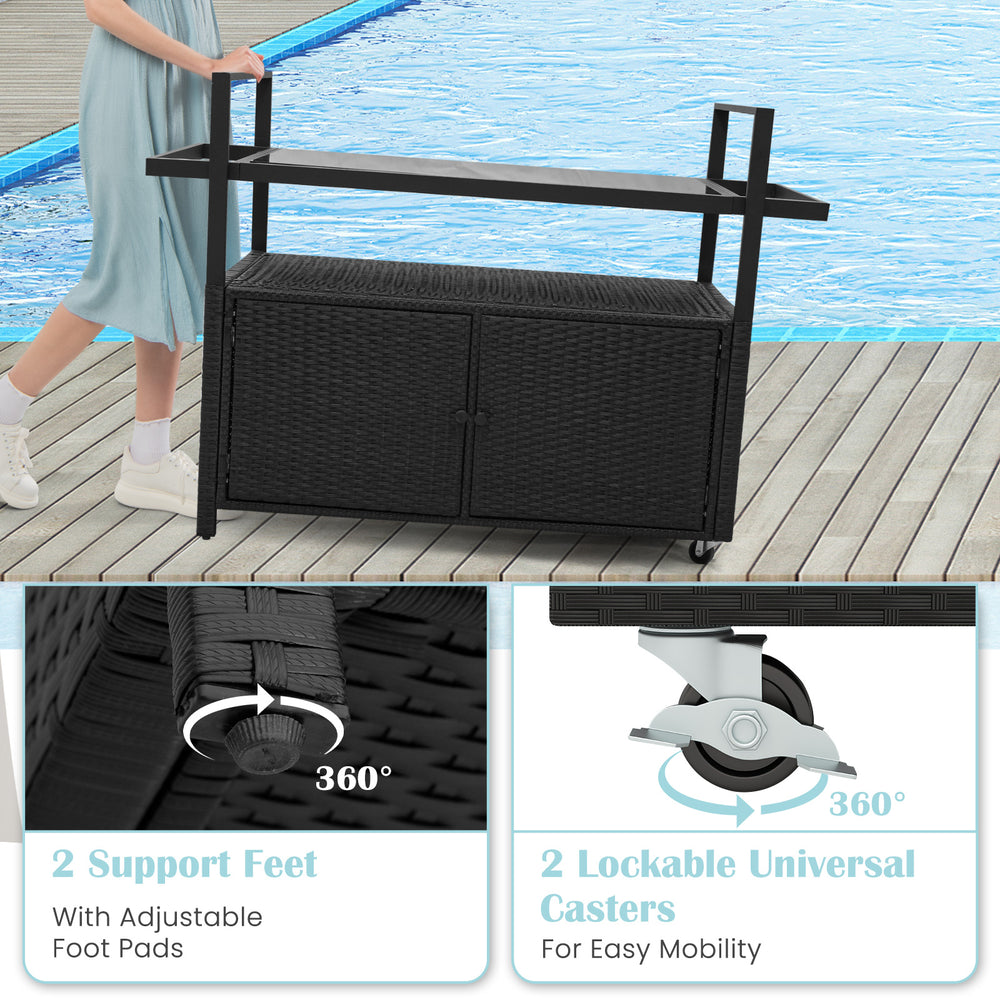 Outdoor bar cart with black hand-woven PE rattan, featuring a glass top, storage cabinet, and 2 lockable casters for.