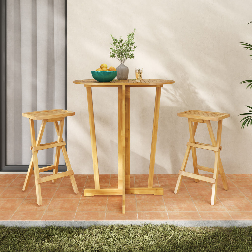 Folding outdoor bar stools with ergonomic saddle seat, crafted from teak wood, perfect for easy storage and comfort.