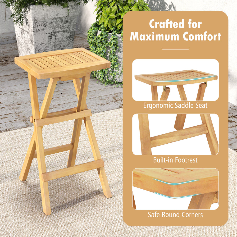 Folding outdoor bar stool with ergonomic saddle seat, made of teak wood, featuring a built-in footrest for comfort.