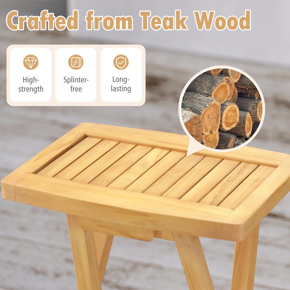 Teak wood bar stool seat detail showcasing splinter-free design and ergonomic comfort for outdoor use.