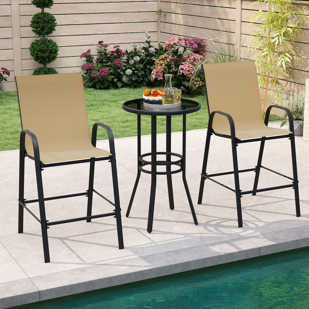 Beige outdoor bar stools set of 2 with armrests, featuring a heavy-duty metal frame, ideal for patio or poolside use.