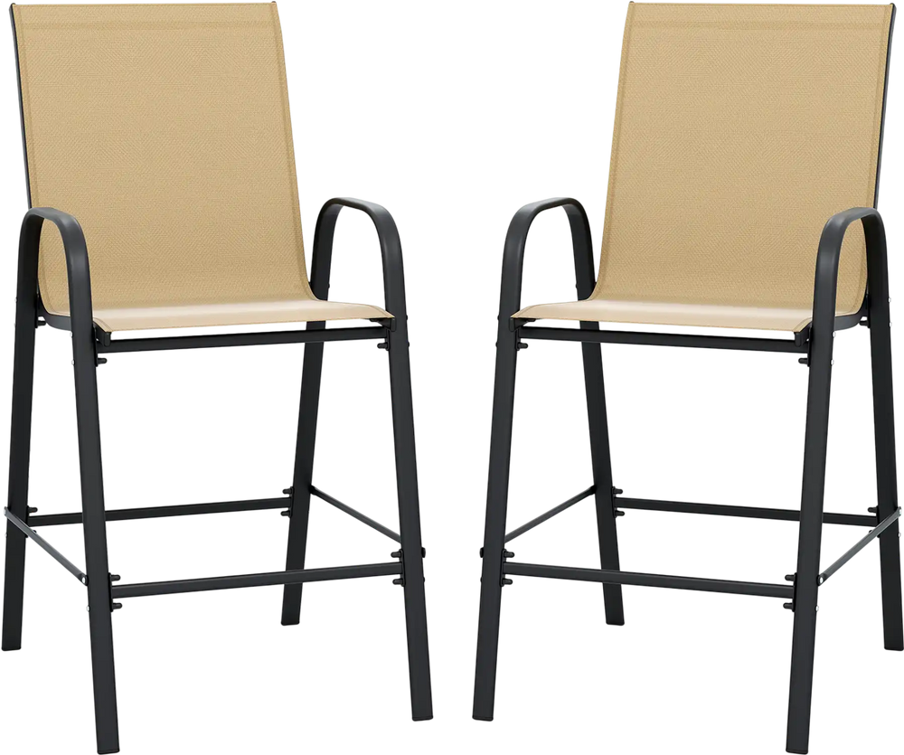 Set of 2 outdoor bar stools with armrests, 29-inch height, beige fabric, ideal for patios and gardens.