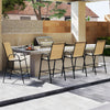 Set of two 29-inch outdoor bar stools with armrests in beige, featuring a heavy-duty metal frame for patio relaxation.