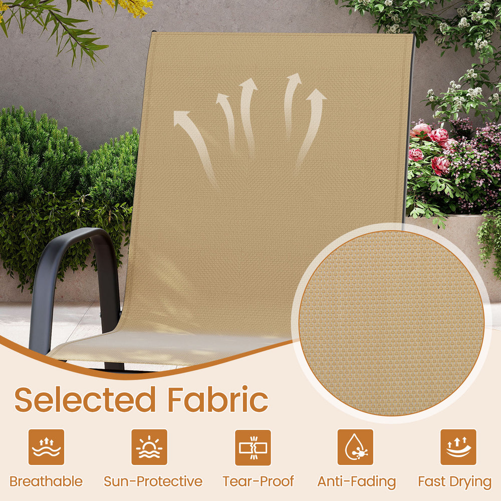 Breathable beige fabric bar stool with armrests, featuring a sturdy metal frame, ideal for outdoor patios and gardens.