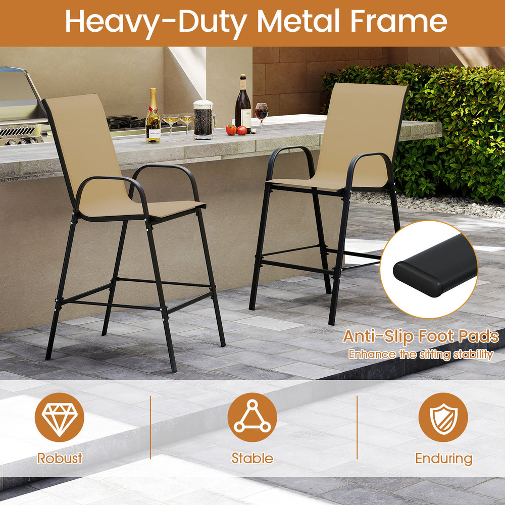 Beige outdoor bar stools set of 2 with armrests and heavy-duty metal frame, ideal for patios and poolside relaxation.