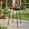 Round outdoor bar table with acacia wood top and metal frame, perfect for patio gatherings and seating for 2-3 people.