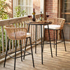 Round outdoor bar table with acacia wood top and metal frame, perfect for patio seating for 2-3 people.