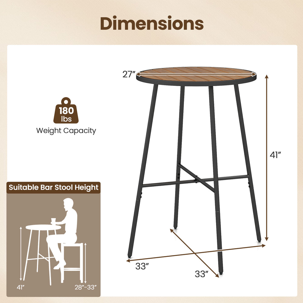 41-inch outdoor bar table with acacia wood top and metal frame, ideal for patio seating, supports 2-3 people.