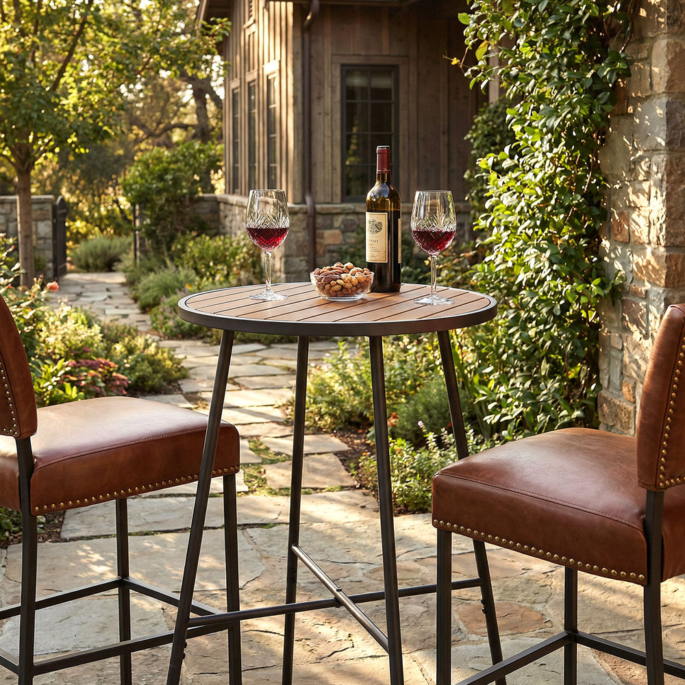 Round 41-inch outdoor bar table with acacia wood top and metal frame, perfect for patio gatherings with two to three.