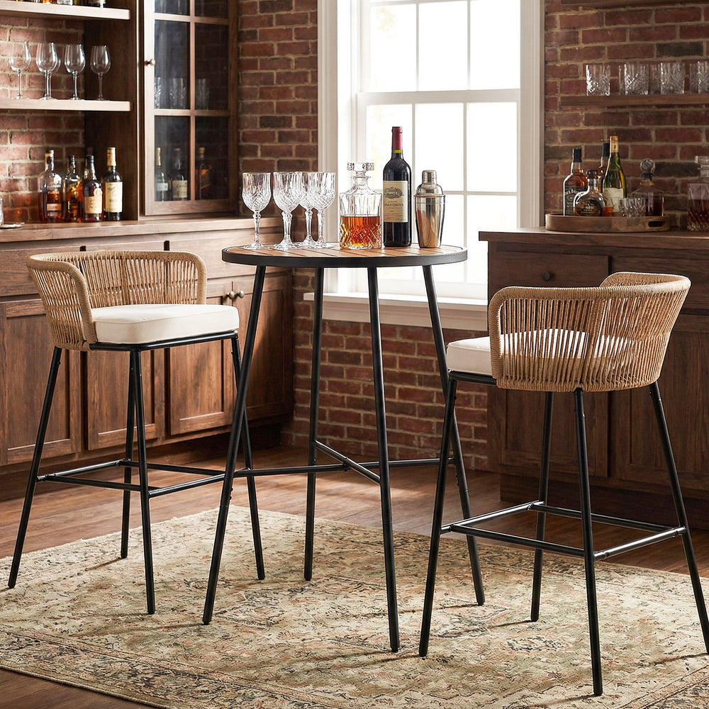 Round 41" outdoor bar table with acacia wood top and metal frame, perfect for patio or balcony seating for 2-3 people.