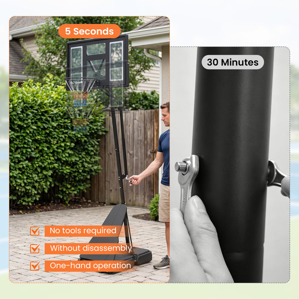 Height adjustable basketball goal system with tool-free setup, showing easy one-hand operation and sturdy construction.