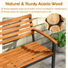 Acacia wood outdoor bench with backrest and armrests, perfect for patio seating and designed for stability and comfort.