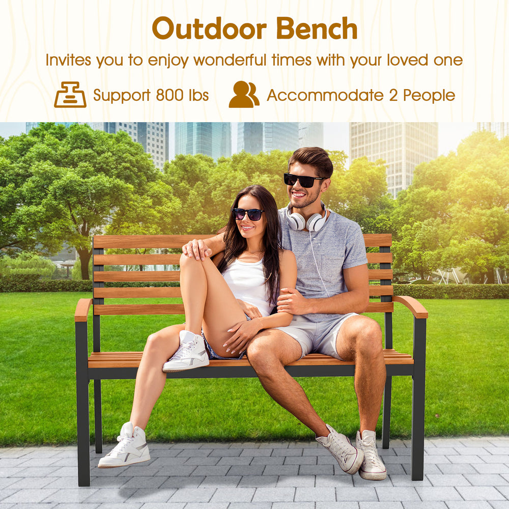 Outdoor bench made of acacia wood with armrests, supporting 800 lbs, perfect for patio relaxation for 2 people.