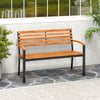Acacia wood outdoor bench with backrest and armrests, perfect for patio seating for two in a stylish metal frame.