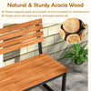 Acacia wood outdoor bench with backrest, sturdy metal frame, perfect for patio or garden seating for two.