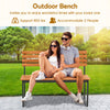 Acacia wood outdoor bench with backrest, supports 800 lbs, perfect for two people in patio or garden settings.