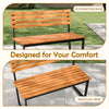 Outdoor acacia wood bench with inclined backrest and spacious seat, ideal for patio or garden relaxation.