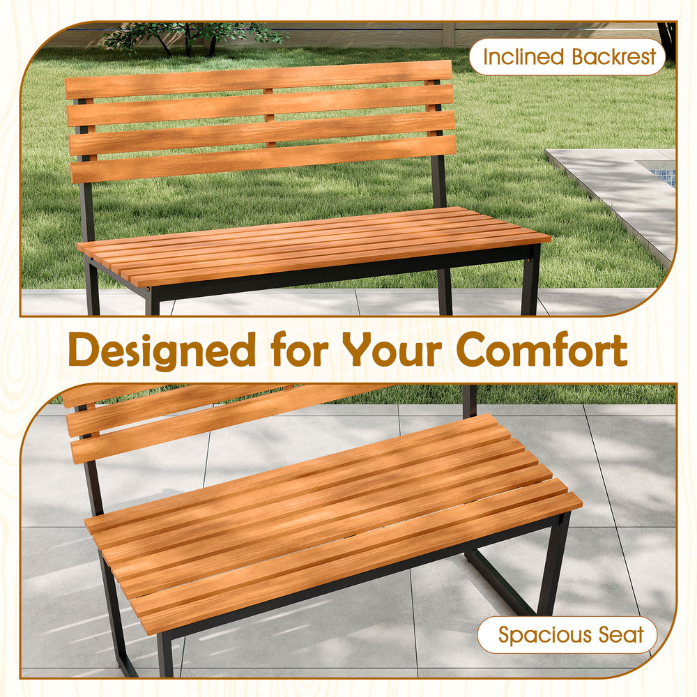 Outdoor acacia wood bench with inclined backrest and spacious seat, ideal for patio or garden relaxation.
