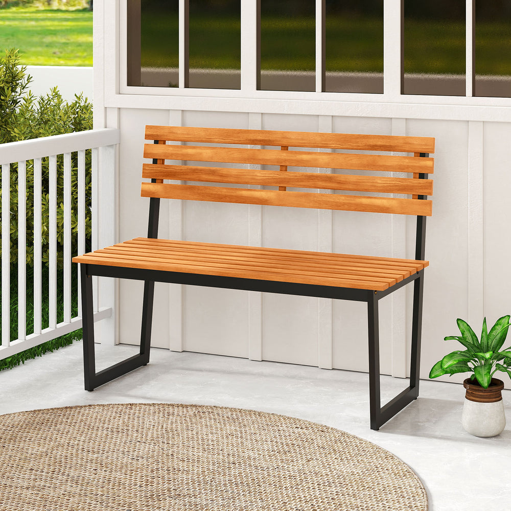 Acacia wood outdoor bench with backrest and sturdy metal frame, ideal for patio or garden seating for two.