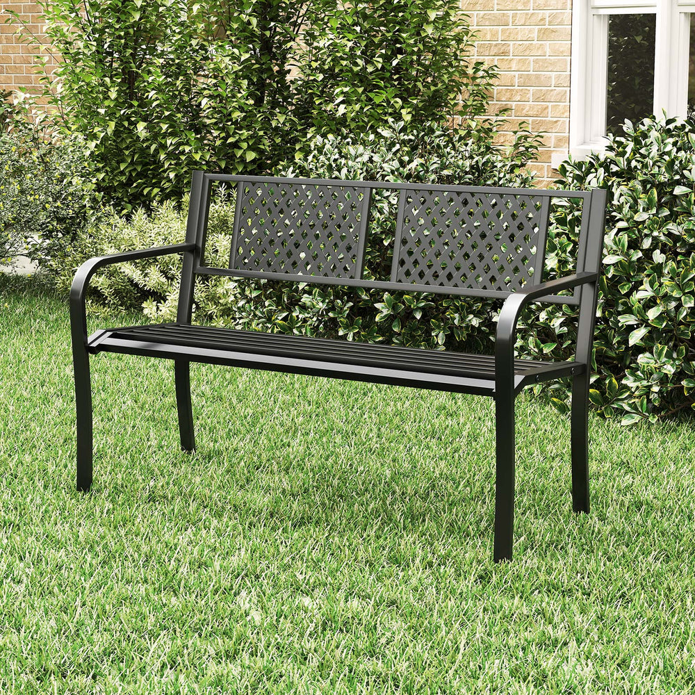 Black outdoor metal loveseat bench with ergonomic seat and backrest, perfect for garden or patio seating for 2-3 people.
