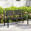 Black metal loveseat patio bench for 2-3 people, featuring a comfortable backrest and curved armrests, ideal for.