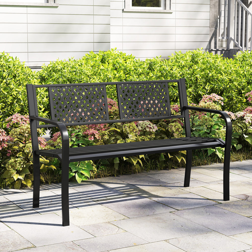 Black metal loveseat patio bench for 2-3 people, featuring a comfortable backrest and curved armrests, ideal for.