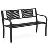 Black outdoor metal loveseat bench for 2-3 people with ergonomic seat and curved armrests, ideal for gardens and patios.