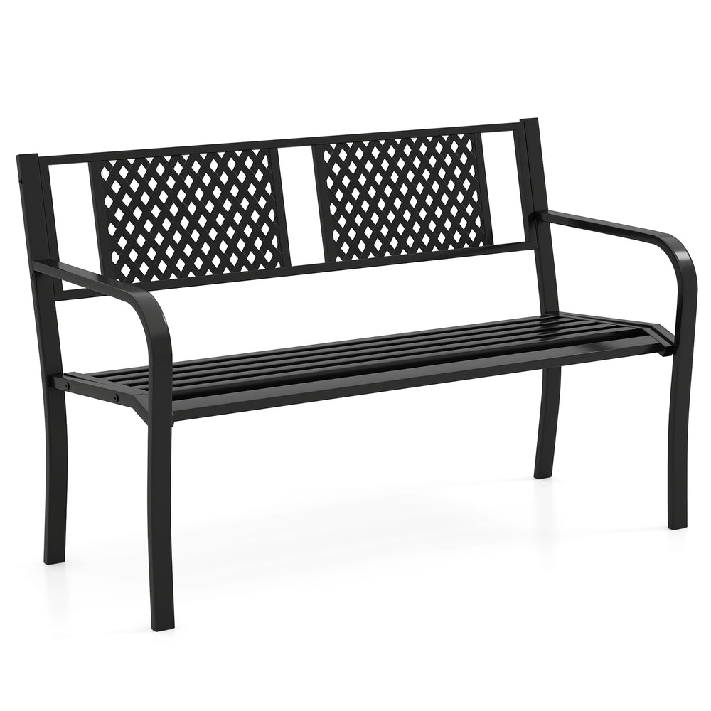 Black outdoor metal loveseat bench for 2-3 people with ergonomic seat and curved armrests, ideal for gardens and patios.