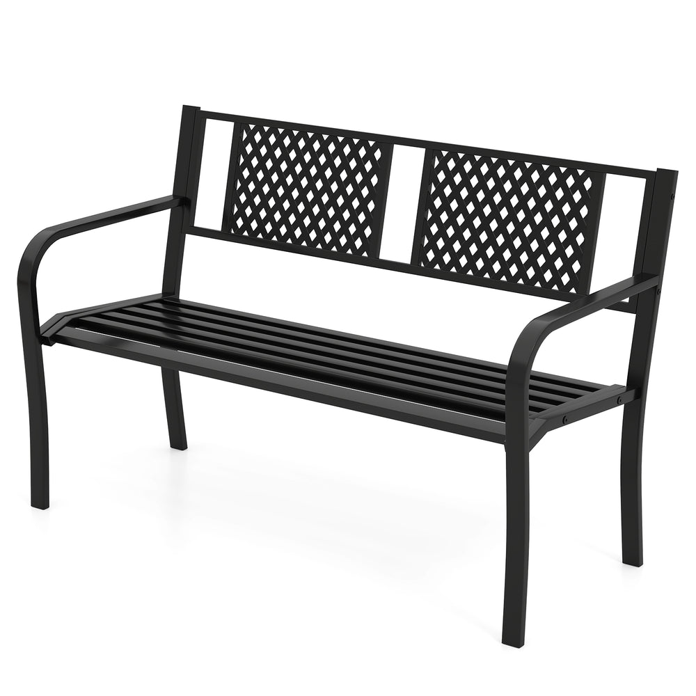 Black metal outdoor loveseat bench with ergonomic seat and curved armrests, suitable for 2-3 people in garden or patio.