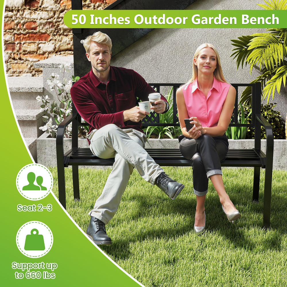 50-inch outdoor metal loveseat bench for 2-3 people, black finish, supports up to 660 lbs, ideal for gardens and patios.