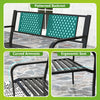Curved armrests and patterned backrest of the black metal loveseat, designed for 2-3 people for outdoor spaces.
