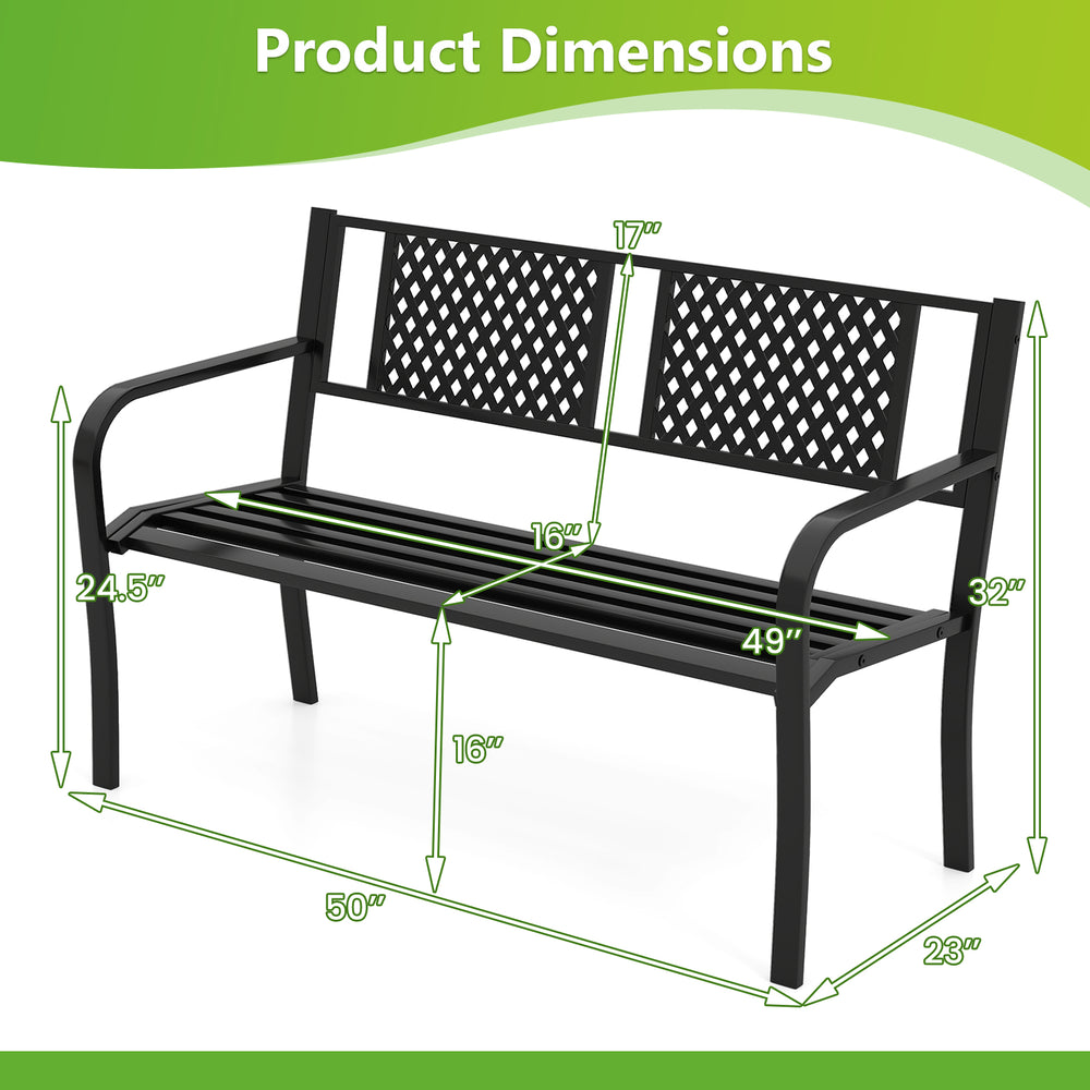 Black metal loveseat patio bench dimensions, featuring ergonomic seat and sturdy construction for 2-3 persons.